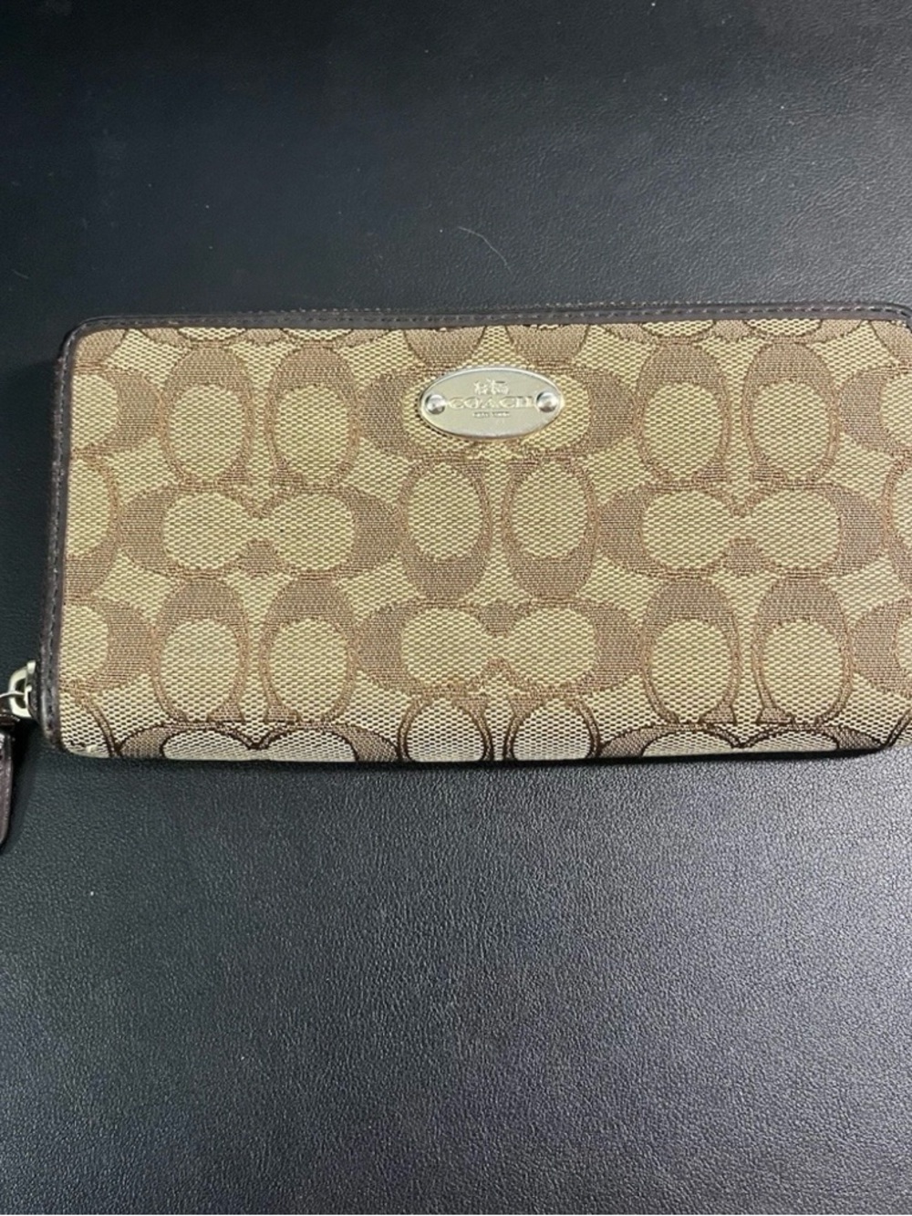 Coach Signature Zip Khaki/Brown Jacquard Canvas Wallet with Leather Trim